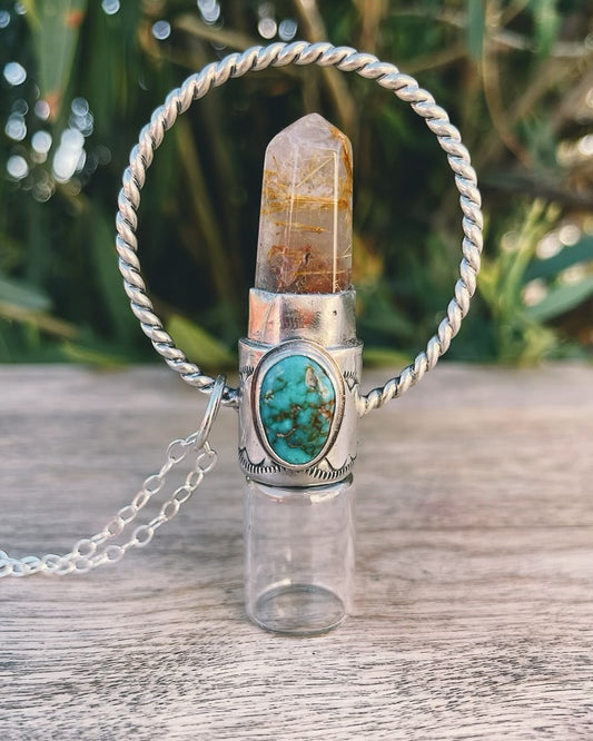 Sterling Silver Horizon - Golden Rutilated Quartz + Kingman Turquoise Rollerball Necklace