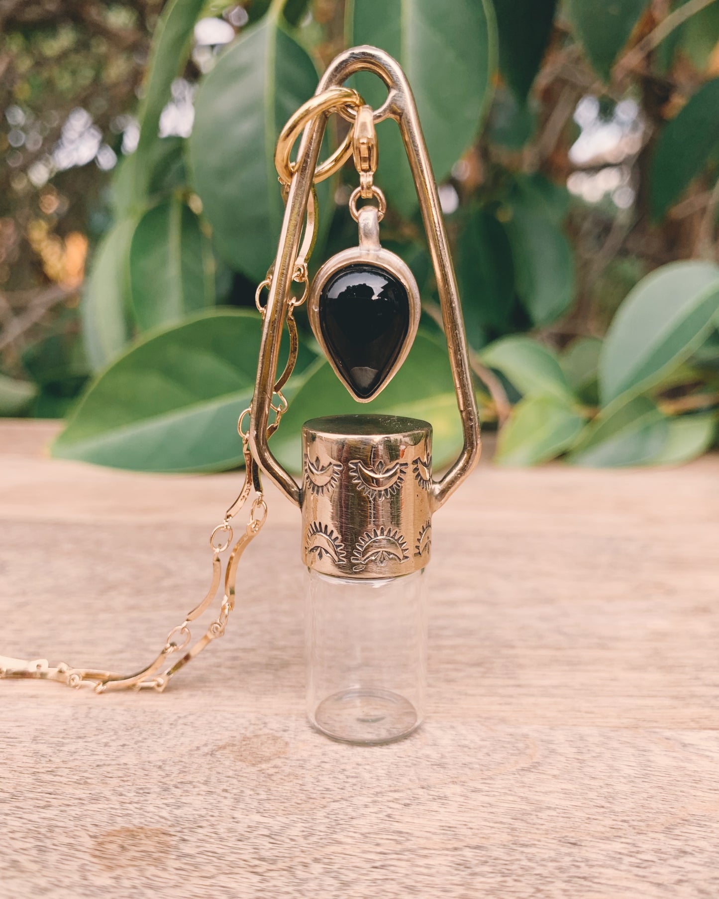 Brass Charm - Black Onyx Rollerball Necklace
