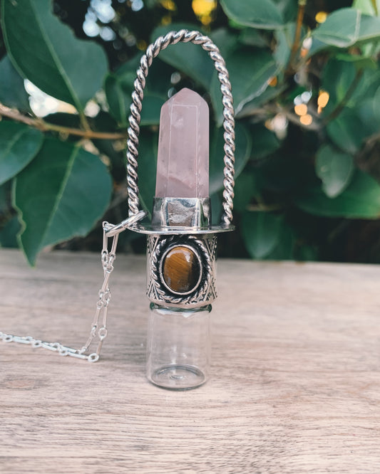 Sterling Silver Classic - Rose Quartz and Tiger's Eye Rollerball Necklace