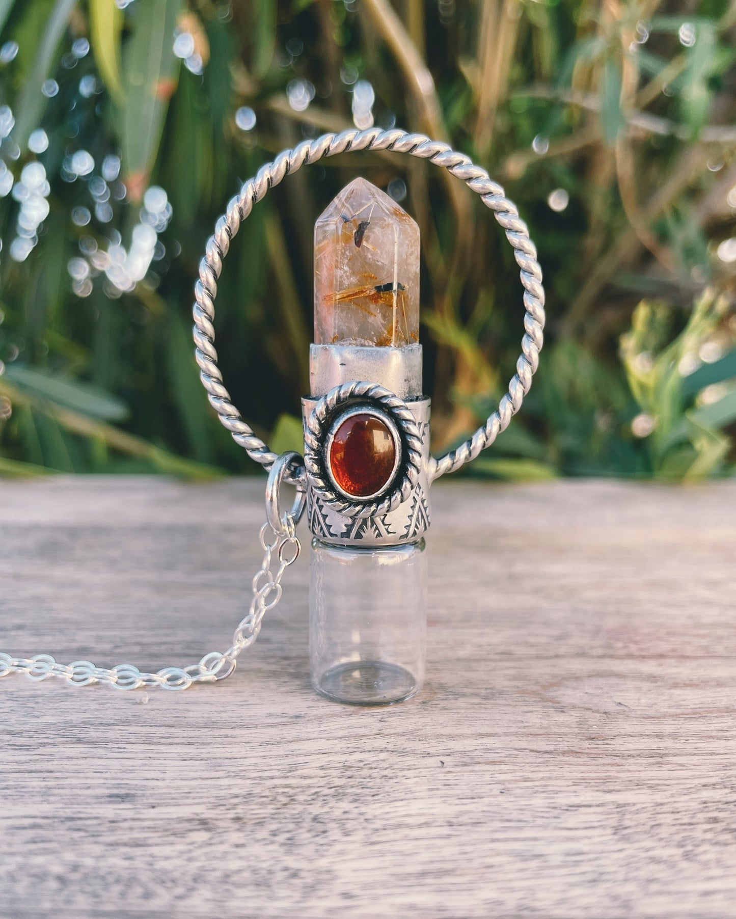 Sterling Silver Twist Horizon - Golden Rutilated Quartz + Baltic Amber Rollerball Necklace