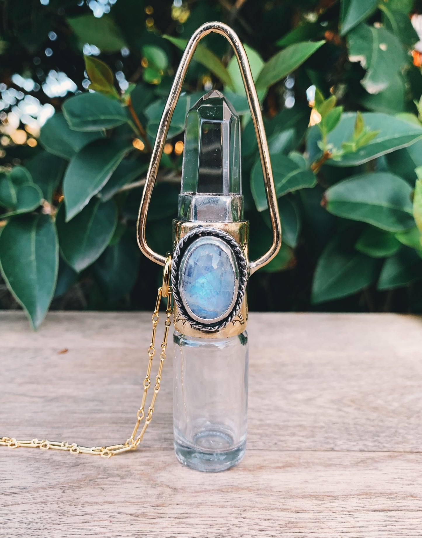 Brass Geometric 5ml - Clear Quartz and Rainbow Moonstone Rollerball Necklace