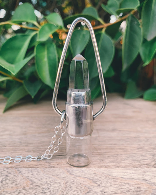 Sterling Silver Geometric - Clear Quartz Rollerball Necklace