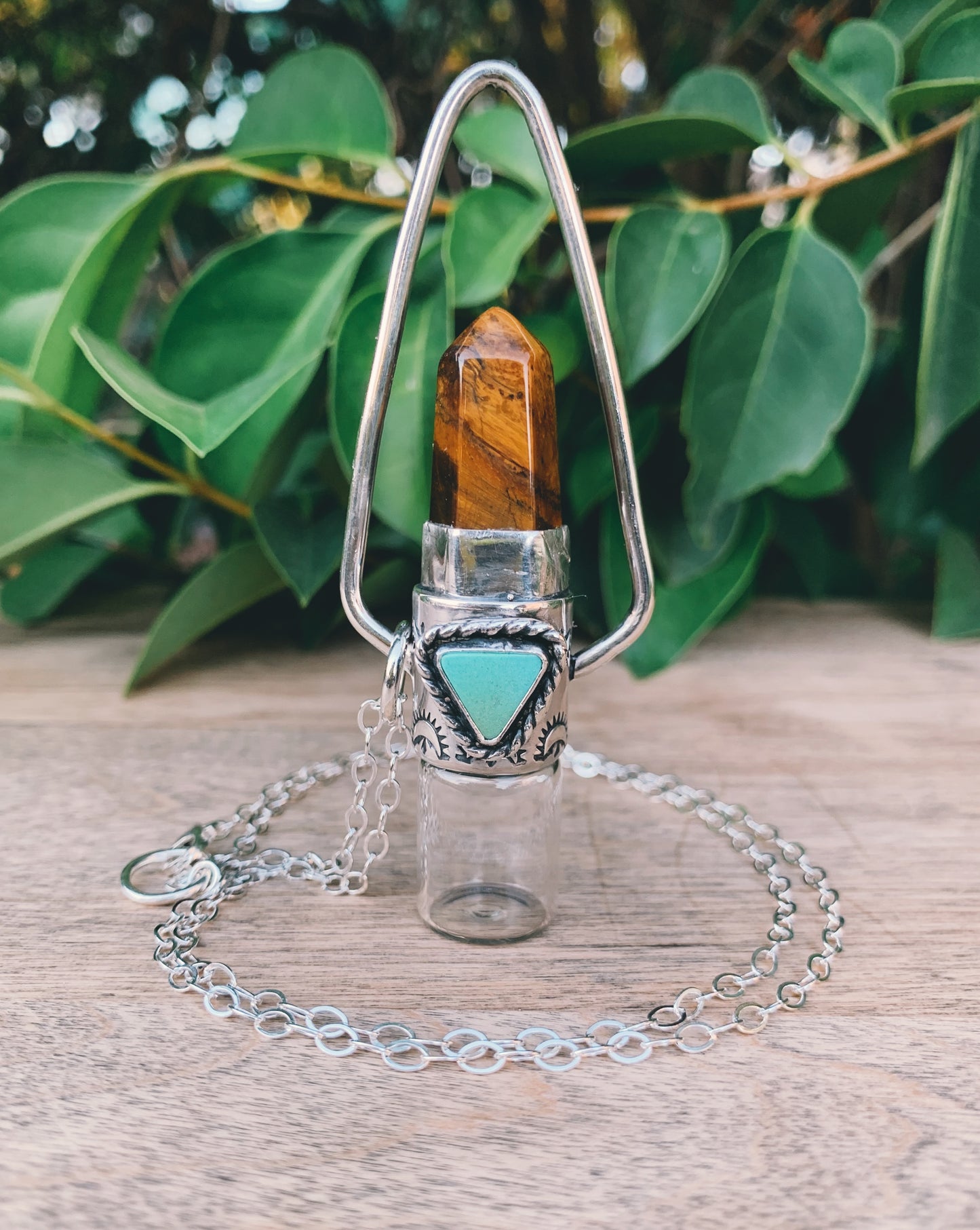 Sterling Silver Geometric - Tigers Eye + Morenci Turquoise Rollerball Necklace