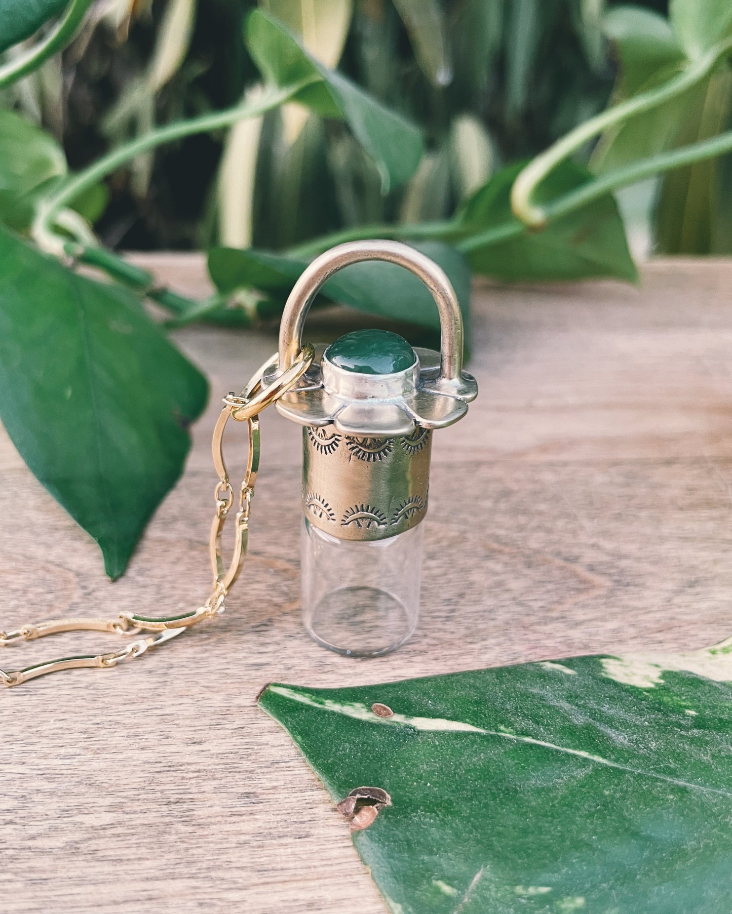 Brass Daisy - Nephrite Jade Rollerball Necklace