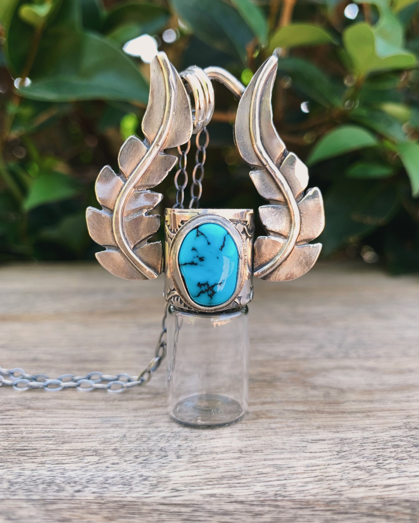 Sleeping Beauty Turquoise Leaves and Sterling Silver Horizon Rollerball Necklace