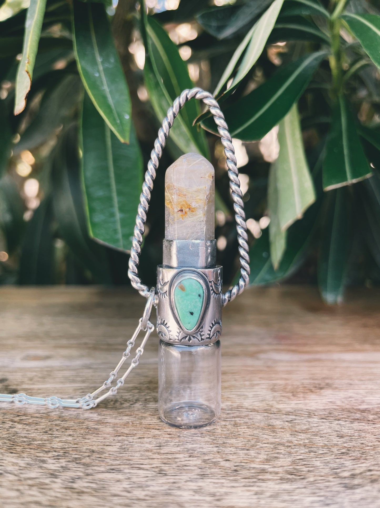 Sterling Silver Twisted Geometric - Gold Rutilated Quartz + Royston Turquoise Rollerball Necklace