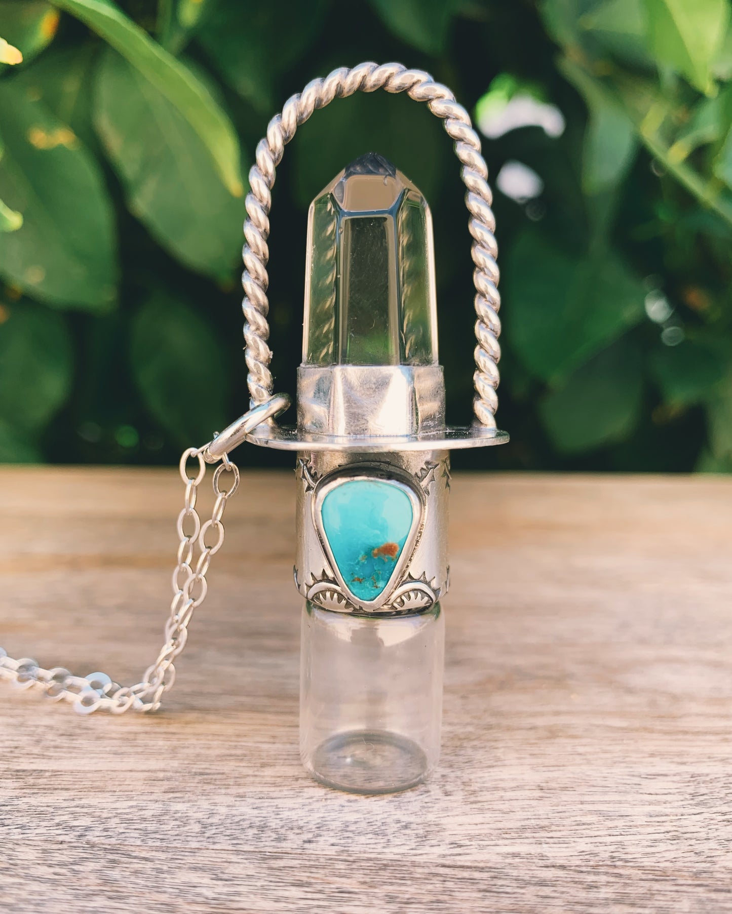 Clear Quartz and Candelaria Turquoise Rollerball Necklace