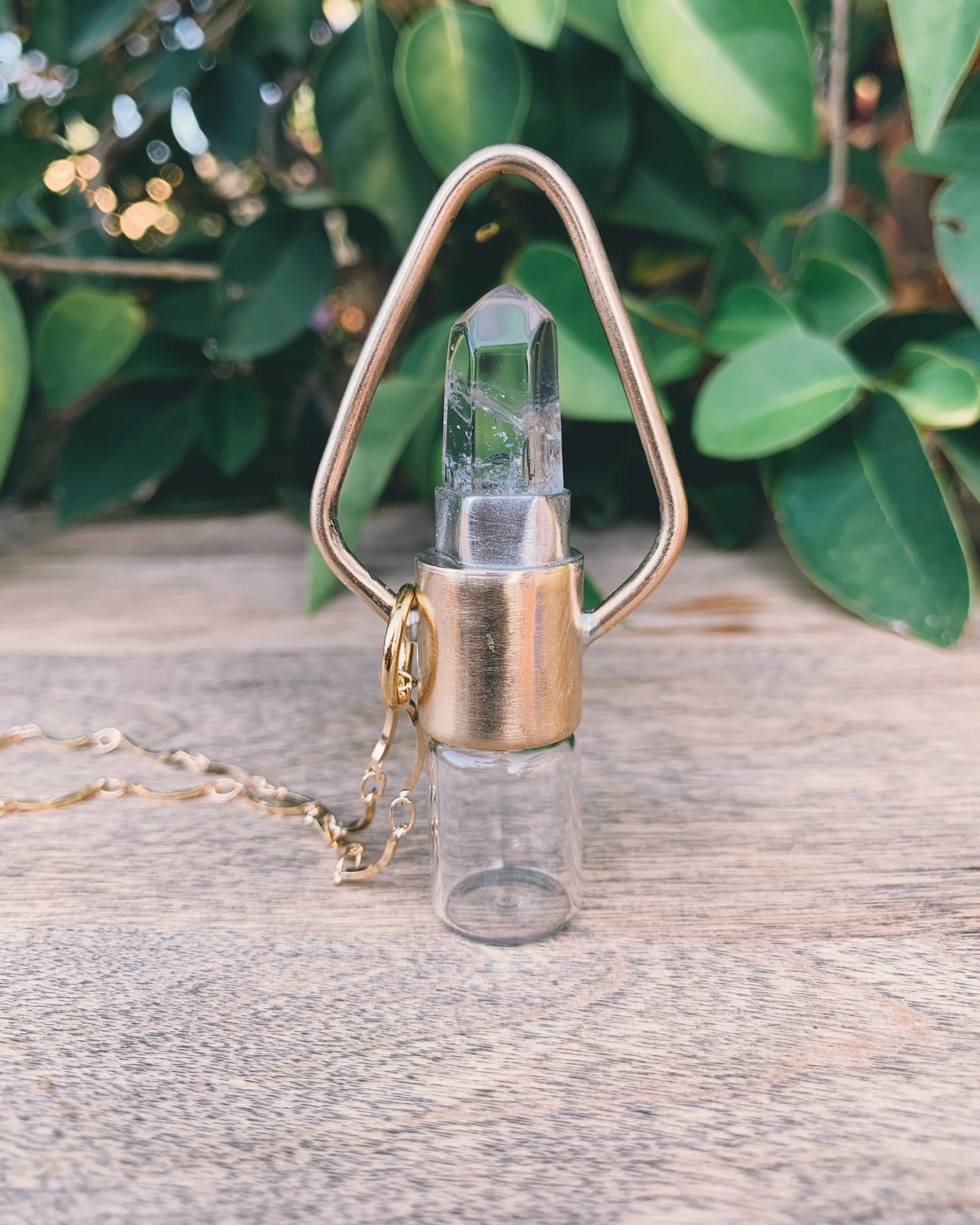 Geometric - Clear Quartz and Brass Rollerball Necklace