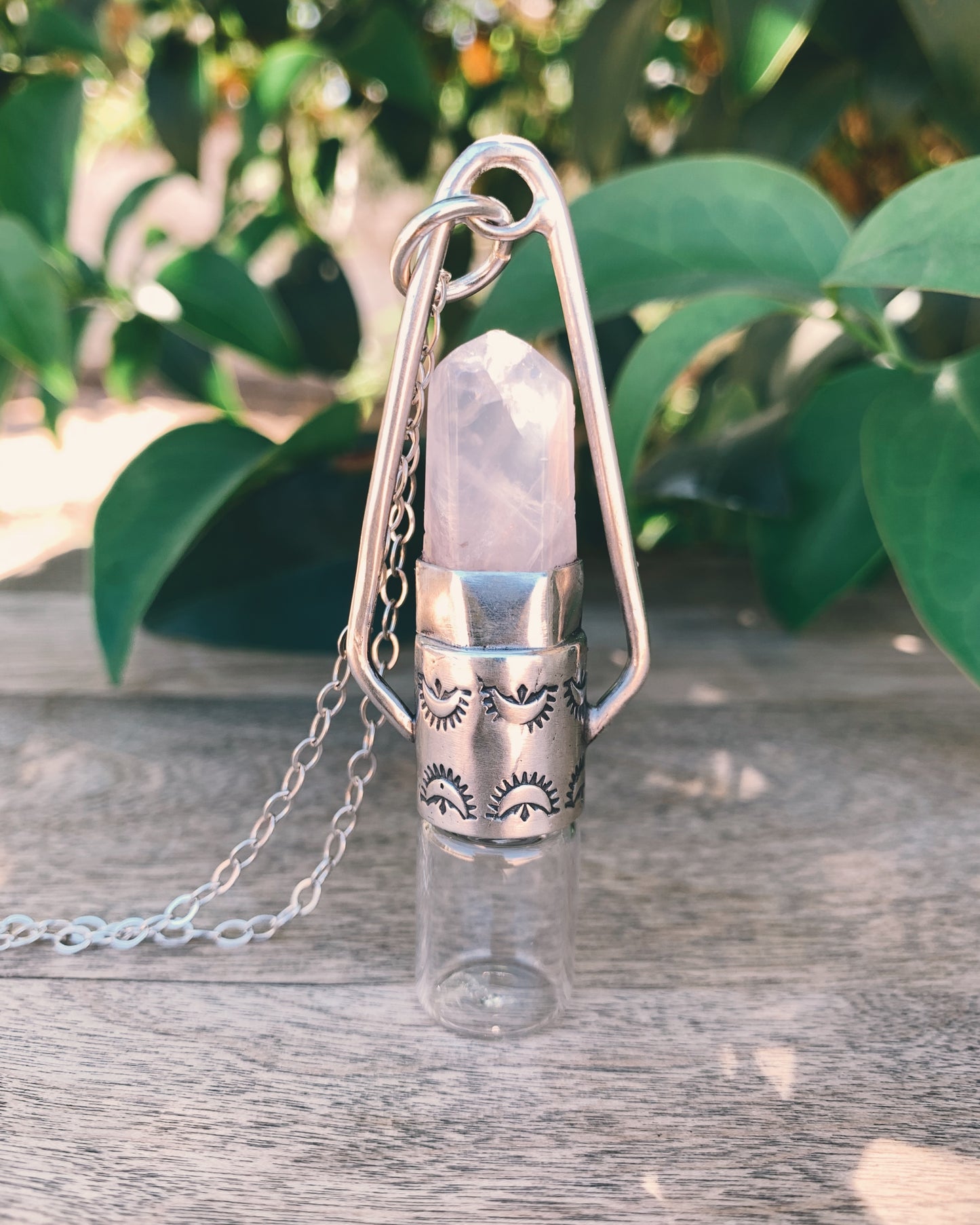 Sterling Silver Geometric - Rose Quartz Rollerball Necklace
