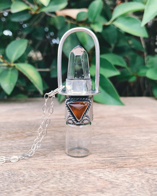 Classic - Clear Quartz, Baltic Amber and Sterling Silver Rollerball Necklace