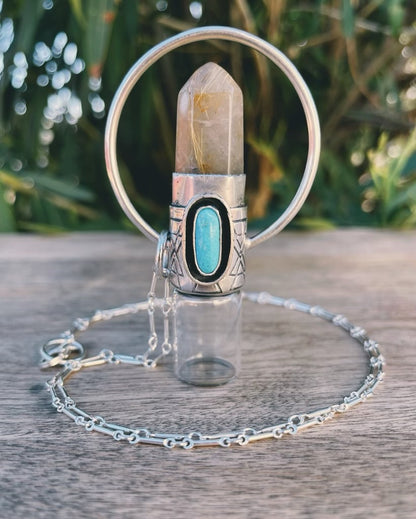 Sterling Silver Horizon - Golden Rutilated Quartz + Kingman Turquoise Rollerball Necklace