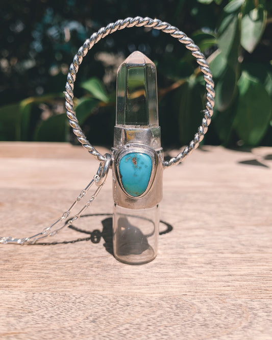 Sterling Silver Horizon - Clear Quartz + Candelaria Turquoise Rollerball Necklace