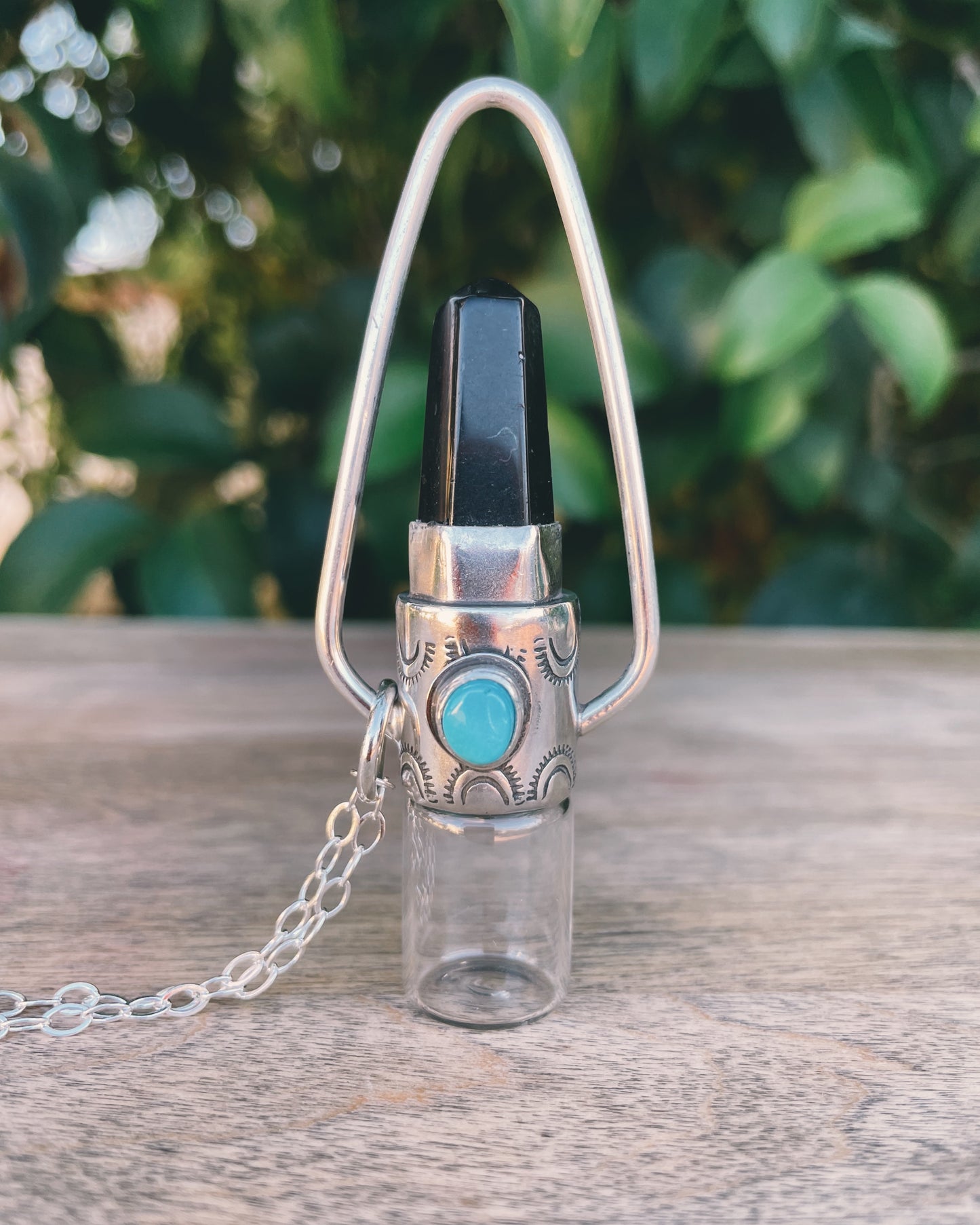 Sterling Silver Geometric -  Obsidian + Sleeping Beauty Turquoise Rollerball Necklace
