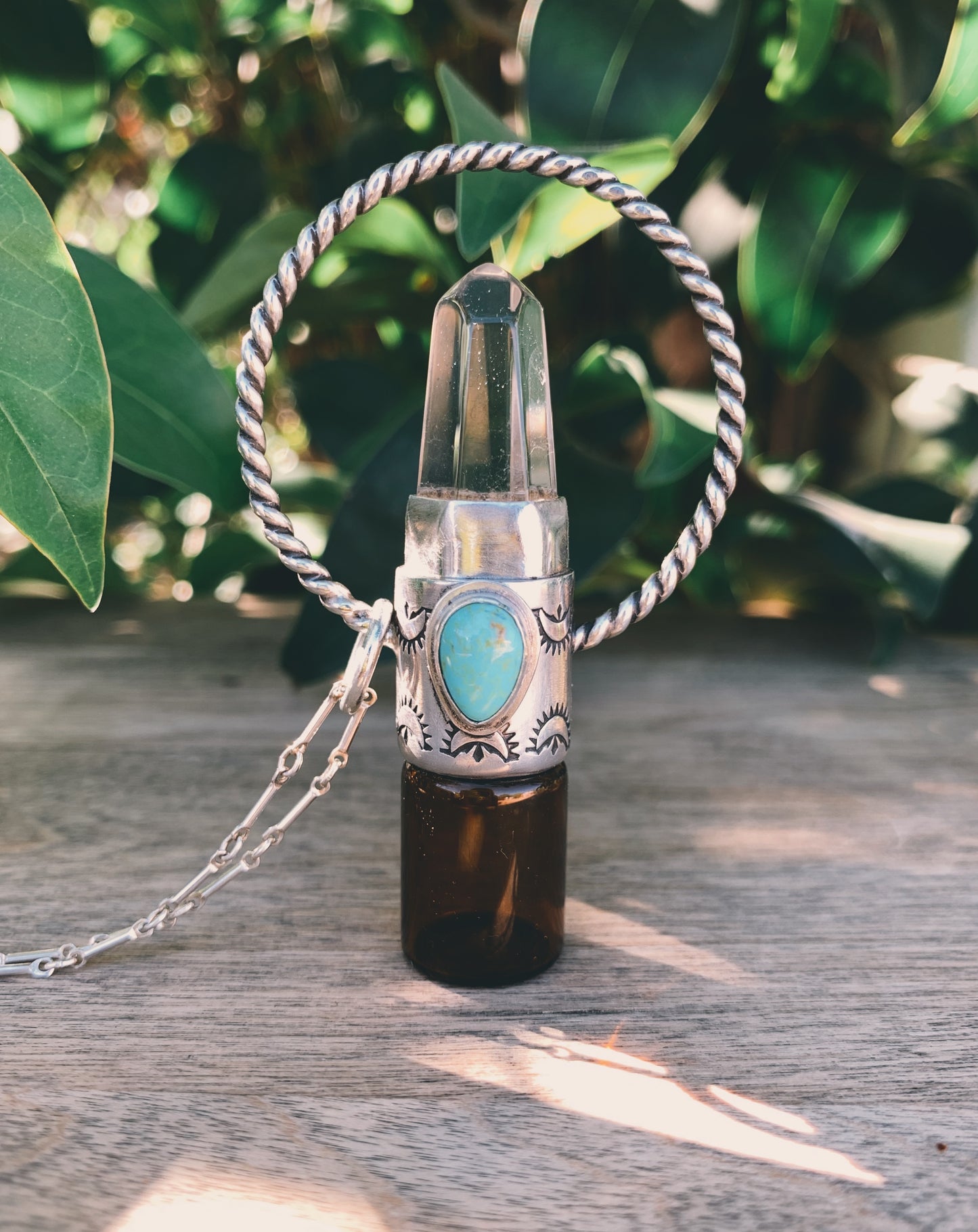 Sterling Silver Twisted Horizon - Clear Quartz + Morenci Turquoise Rollerball Necklace