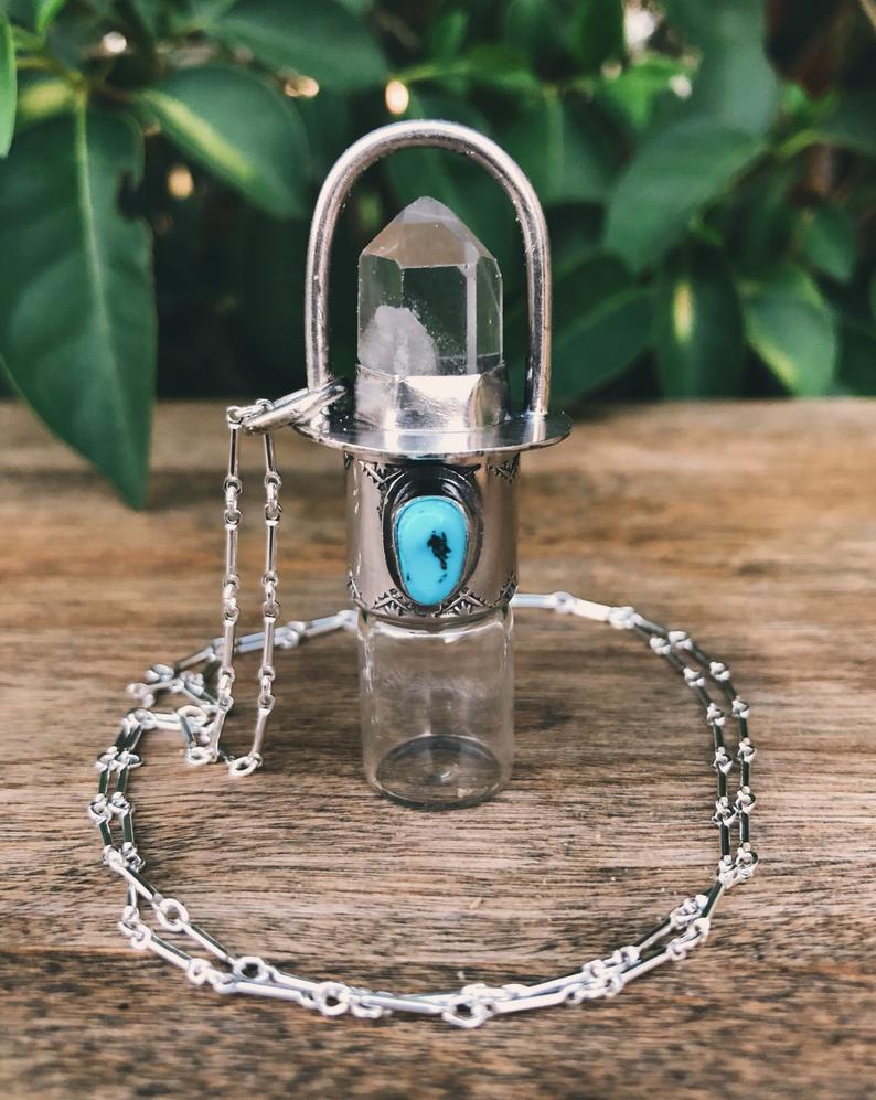 Sterling Silver Classic - Clear Quartz + Sleeping Beauty Turquoise Rollerball Necklace